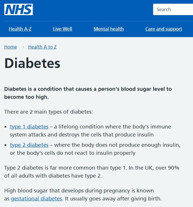 NHS website - info re diabates
